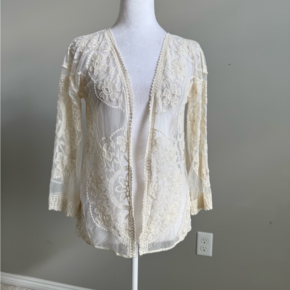 Rebellion Again Sheer Lace Crochet Open Cardigan in Cream